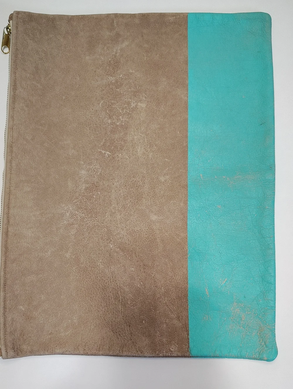 American Apparel Upcycled Leather Clutch Beige and Turquoise Zip Pouch